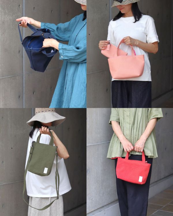 名古屋・覚王山のコッピアーナでご紹介しているユキデザインの8号帆布バッグを4つ並べてご紹介している様子。手仕事が息づく帆布トートです。